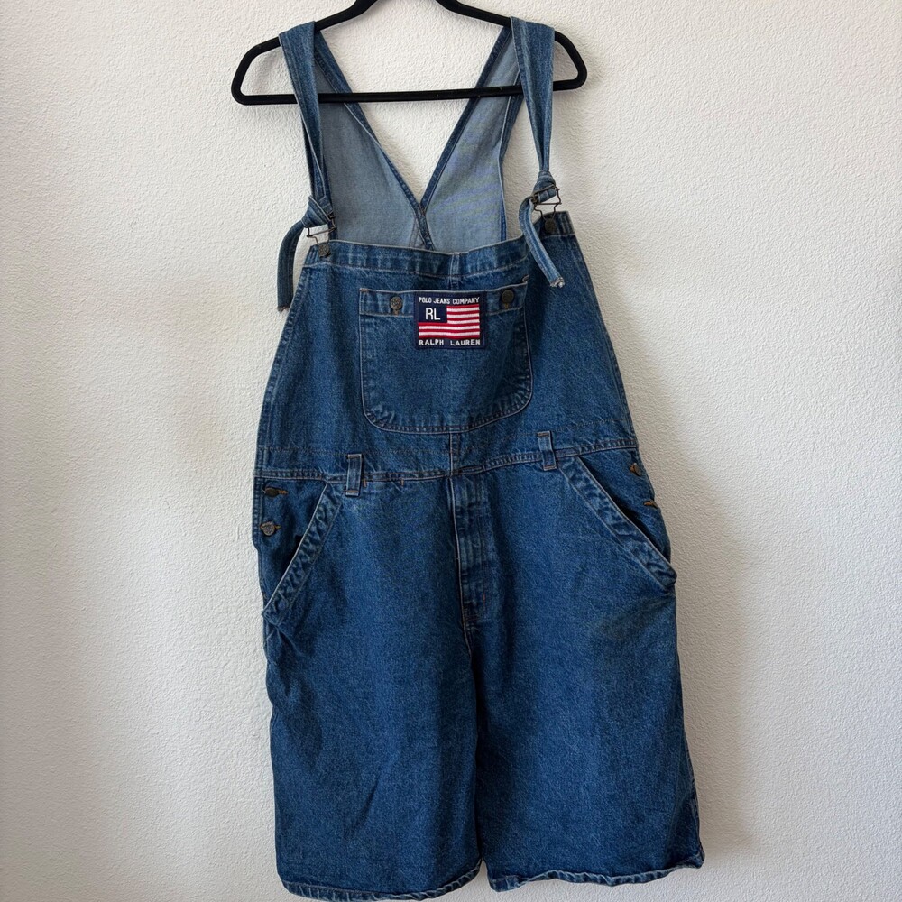 Vtg Polo Jeans Co. Ralph Lauren Carpenter Shortalls Utility Denim Mens XL 90s